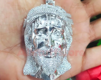White Sapphire Jesus Face Pendant, 14k White Gold Finish, Hip Hop Religious Jewelry