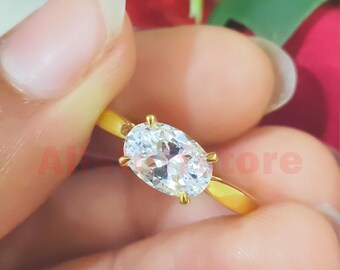 2.00 CT Oval Cut White Moissanite, 14K Yellow Gold Finish, Solitaire Engagement Ring