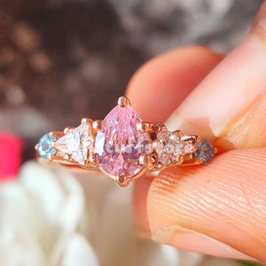 3.00 Ct Pear Cut Pink Sapphire, Vintage Ring, Cocktail Wedding Engagement Ring, Rose Gold Finish, Multi Color Sapphire, 925 Sterling Silver