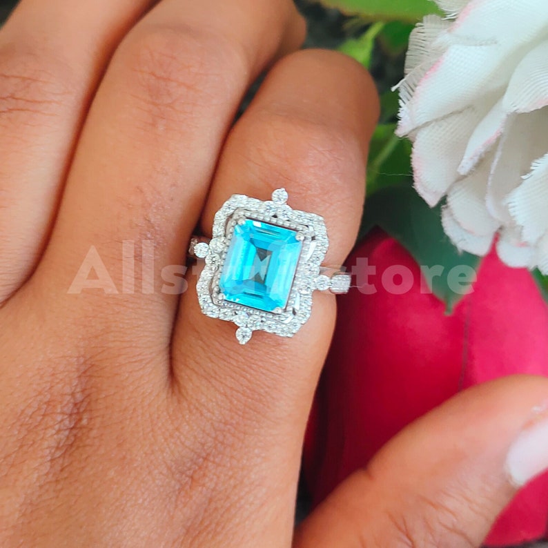 Vintage 3.50 Carat Emerald Cut Blue Aquamarine Sapphire, Halo Engagement Wedding Ring, 925 Sterling Silver, White Gold Finish, Gift for Her image 1