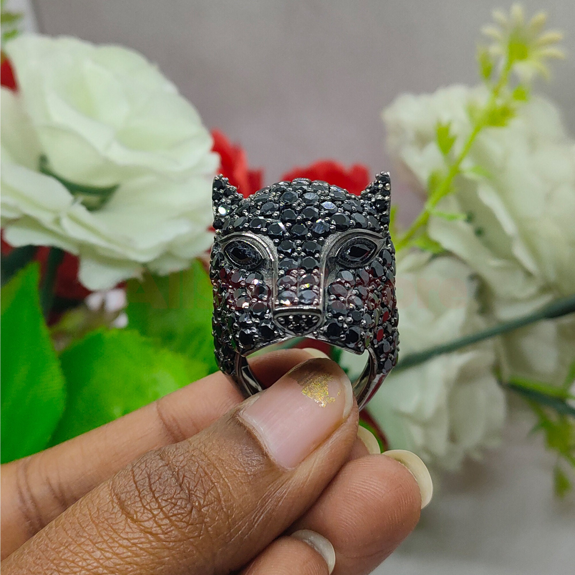 Panther Ring, Round Brilliant Cut 3 Ct Black Sapphire, Black Panther Ring, Round Brilliant Cut 3 Ct Black Sapphire, Black