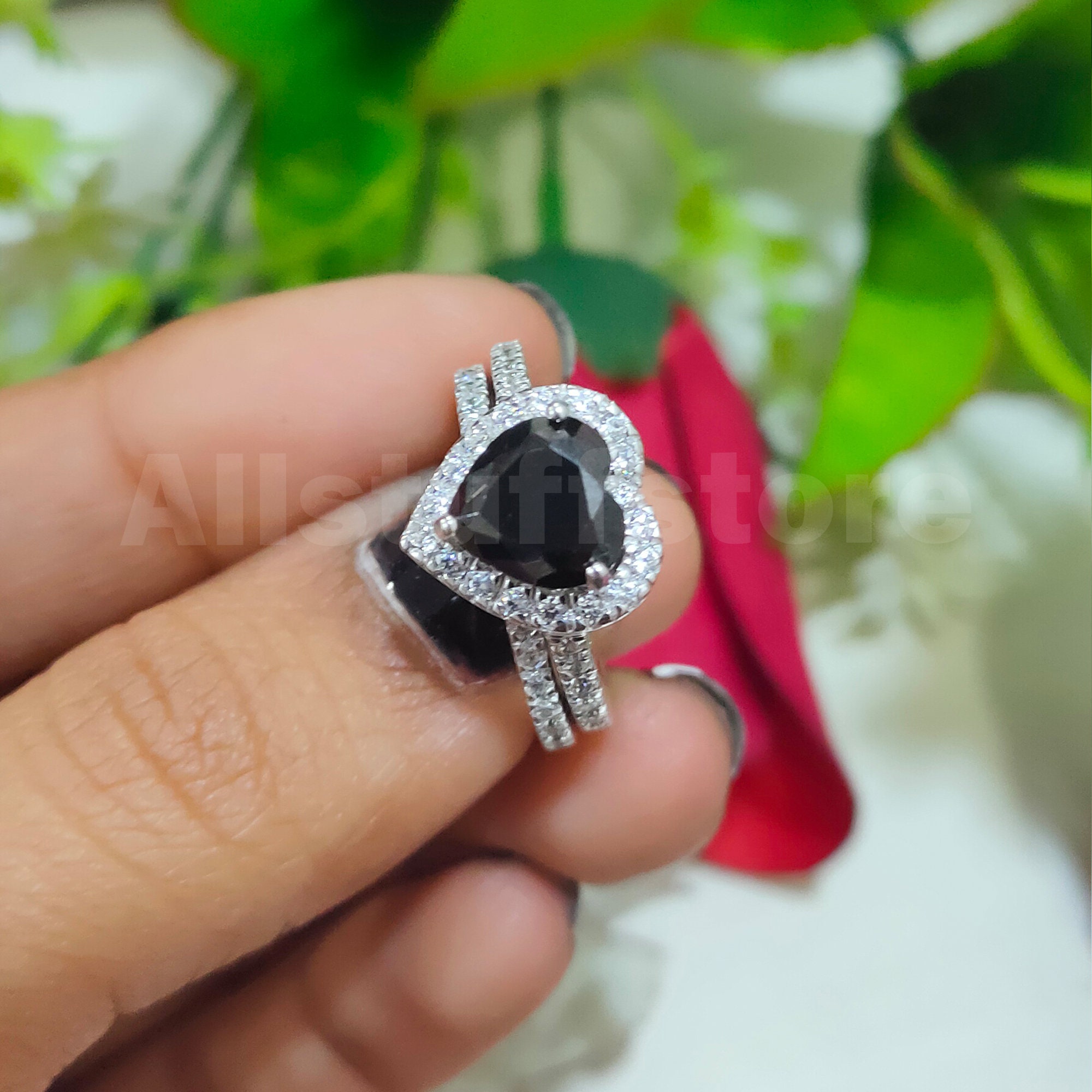 black diamond ring black and white heart ring