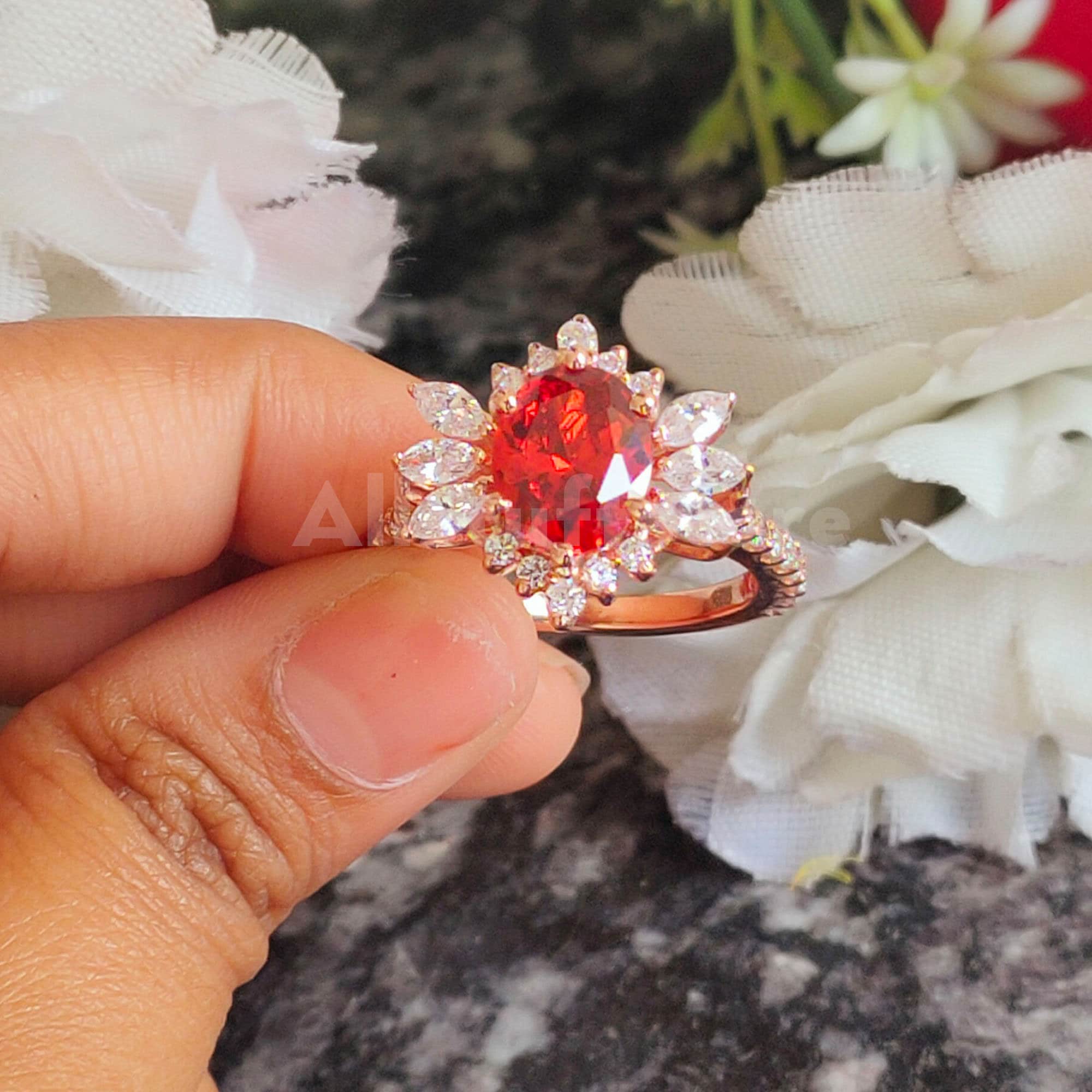 Red Sapphire Halo Ring, Rose Gold Finish, Sterling Silver Bridal 