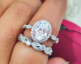 3.50 CT Oval White Moissanite, 14k White Gold Finish, Women's Bridal Set Engagement Ring