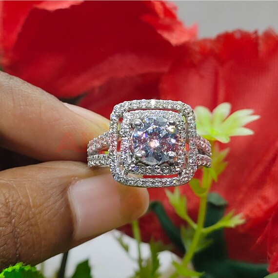 Double Halo Wedding Engagement Ring 2.20 Ct Round Cut White Sapphire Split Shank Ring 925 Sterling Silver White Gold Finish gift for Her Etsy