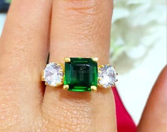 14K Yellow Gold Finish, 3.00 CT Emerald Green & White Diamond, Three Stone Engagement Ring