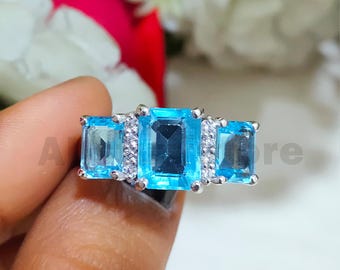 4.00 CT Emerald Cut Aqua Diamond, Three Stone Engagement Ring, 14k White Gold Finish