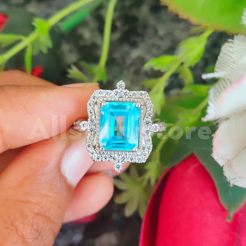 Vintage 3.50 Carat Emerald Cut Blue Aquamarine Sapphire, Halo Engagement Wedding Ring, 925 Sterling Silver, White Gold Finish, Gift for Her image 2