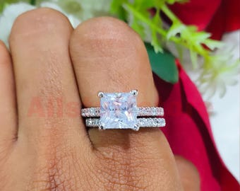3.00 CT Princess Cut White Moissanite, 14K White Gold Finish, Bridal Set Engagement Ring
