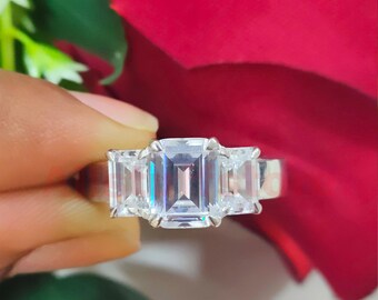 3.50 Ct Emerald Cut White Moissanite, 14K White Gold Finish, Three Stone Engagement Ring