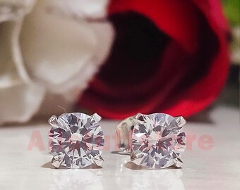 2 CT Round White Moissanite, Solitaire Stud Engagement Earrings, 14K White Gold Finish
