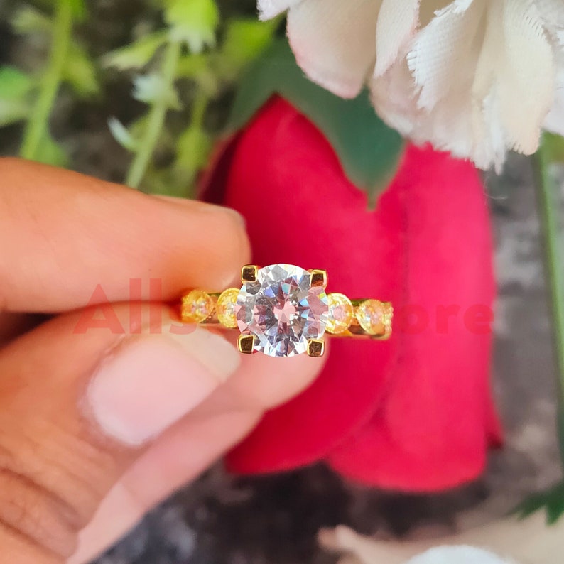 Vintage 2 Ct Round Cut White Moissanite, Solitaire Wedding Engagement Ring, Yellow Gold Finish, 4-Prong Set, Gift For Her, Sterling Silver image 2