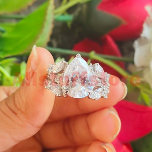 3.20 Ct Pear Cut White Sapphire, Cluster Wedding Engagement Ring, 925 Sterling Silver, White Gold Finish, Bridal Jewelry For Women, Size J-T
