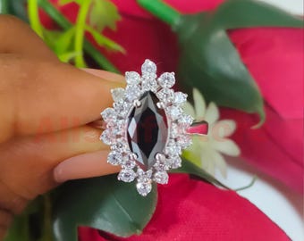 14K White Gold Finish, 2.50 CT Marquise Cut Black Diamond, Halo Engagement Ring