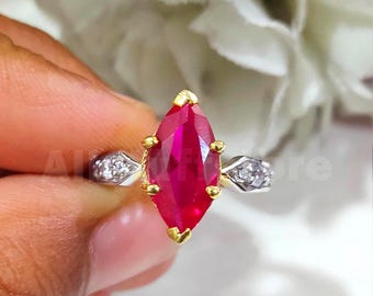 2.20 CT Marquise Ruby Pink Diamond, 14K Two-Tone Gold Finish, Vintage style Wedding Ring