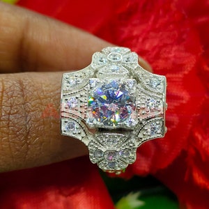 Vintage Deco Wedding Engagment Ring, 2.25 Carat Round Brilliant Cut White Sapphire, 925 Sterling Silver, White Gold Finish, Anniversary Ring