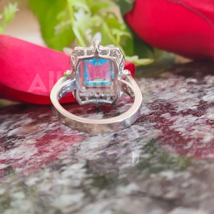 Vintage 3.50 Carat Emerald Cut Blue Aquamarine Sapphire, Halo Engagement Wedding Ring, 925 Sterling Silver, White Gold Finish, Gift for Her image 6