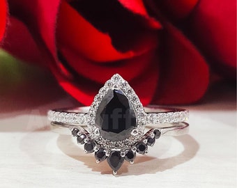 Bridal Ring Set, 2.50 Carat Pear Cut Black Sapphire, Halo Engagement Wedding Ring Set, Matching Band, 925 Sterling Silver, White Gold Finish