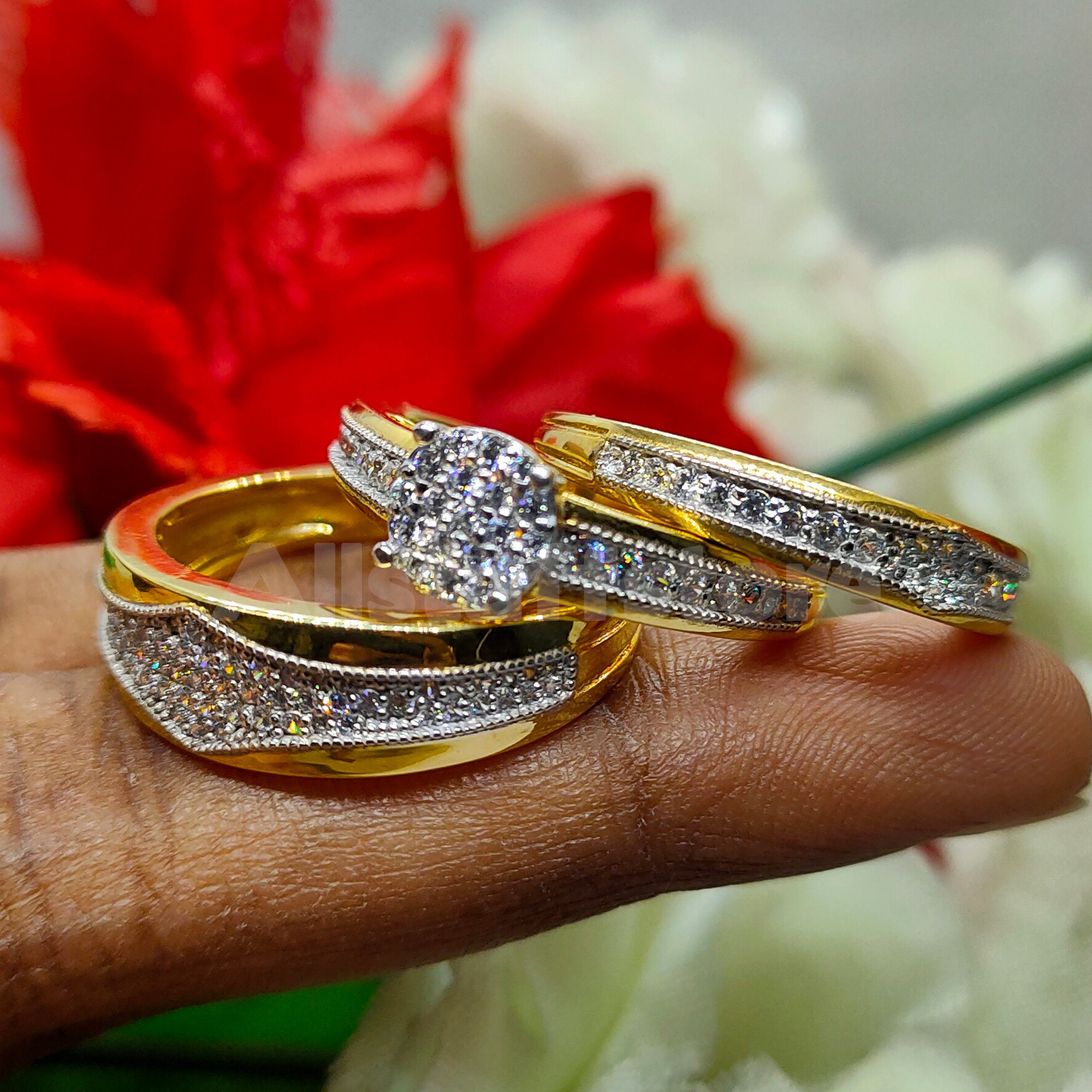 His and her trio wedding ring set clearance