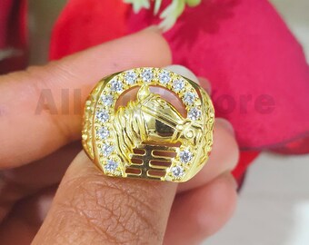 0.35 CT Round Cut White Moissanite, 14K Yellow Gold Finish, Horse Shoe Men's Wedding Ring