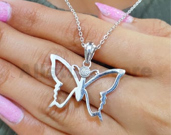 Round White Moissanite, Butterfly Pendant Necklace, 14K White Gold Finish, 18 Inches Chain