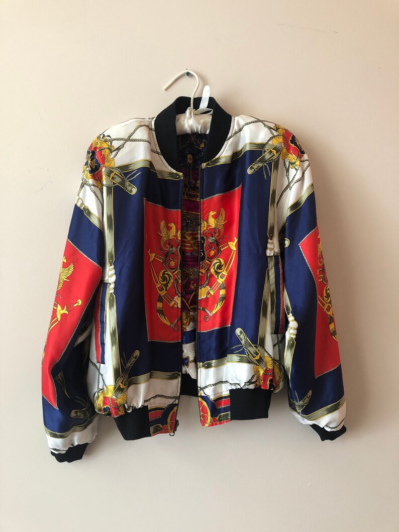 Rare vintage silk reversible bomber jacket baroque  medium 80s Lion