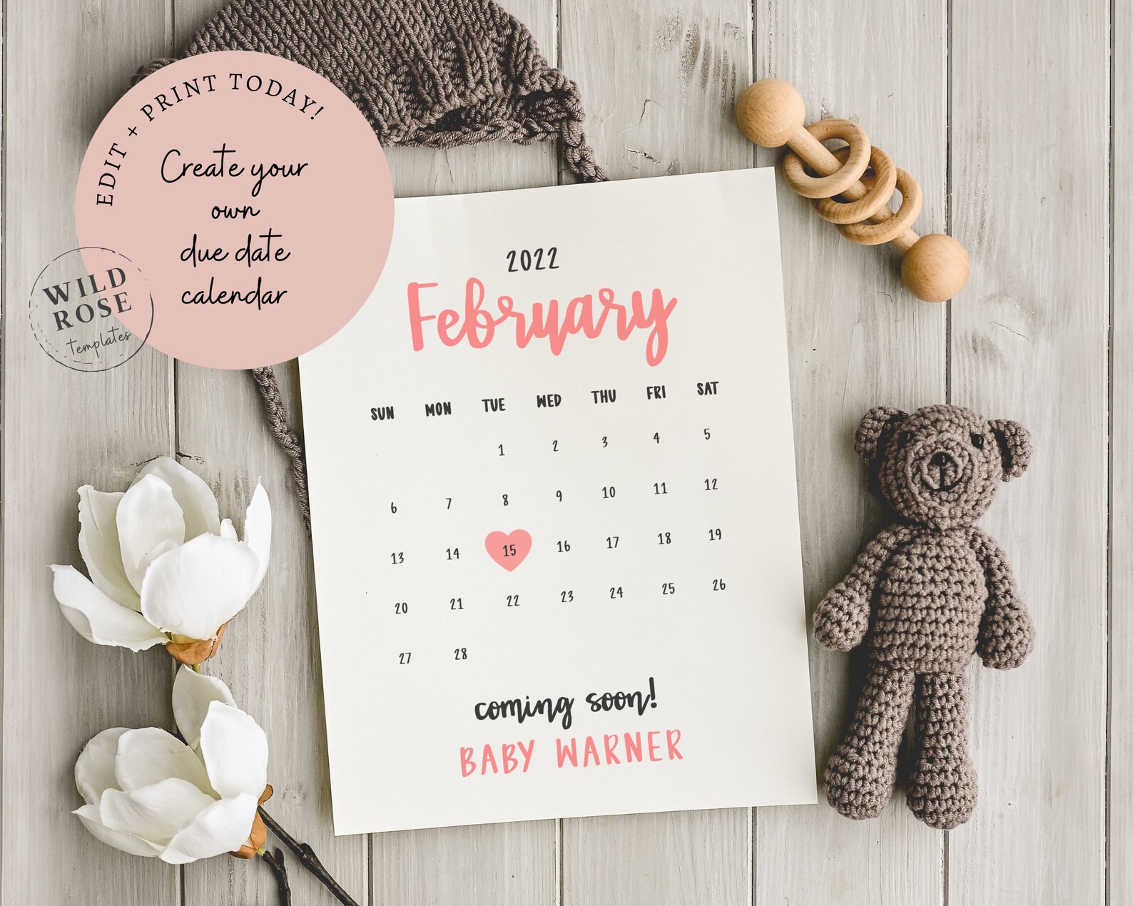 Editable Pregnancy Announcement Calendar February 2022 Baby Etsy