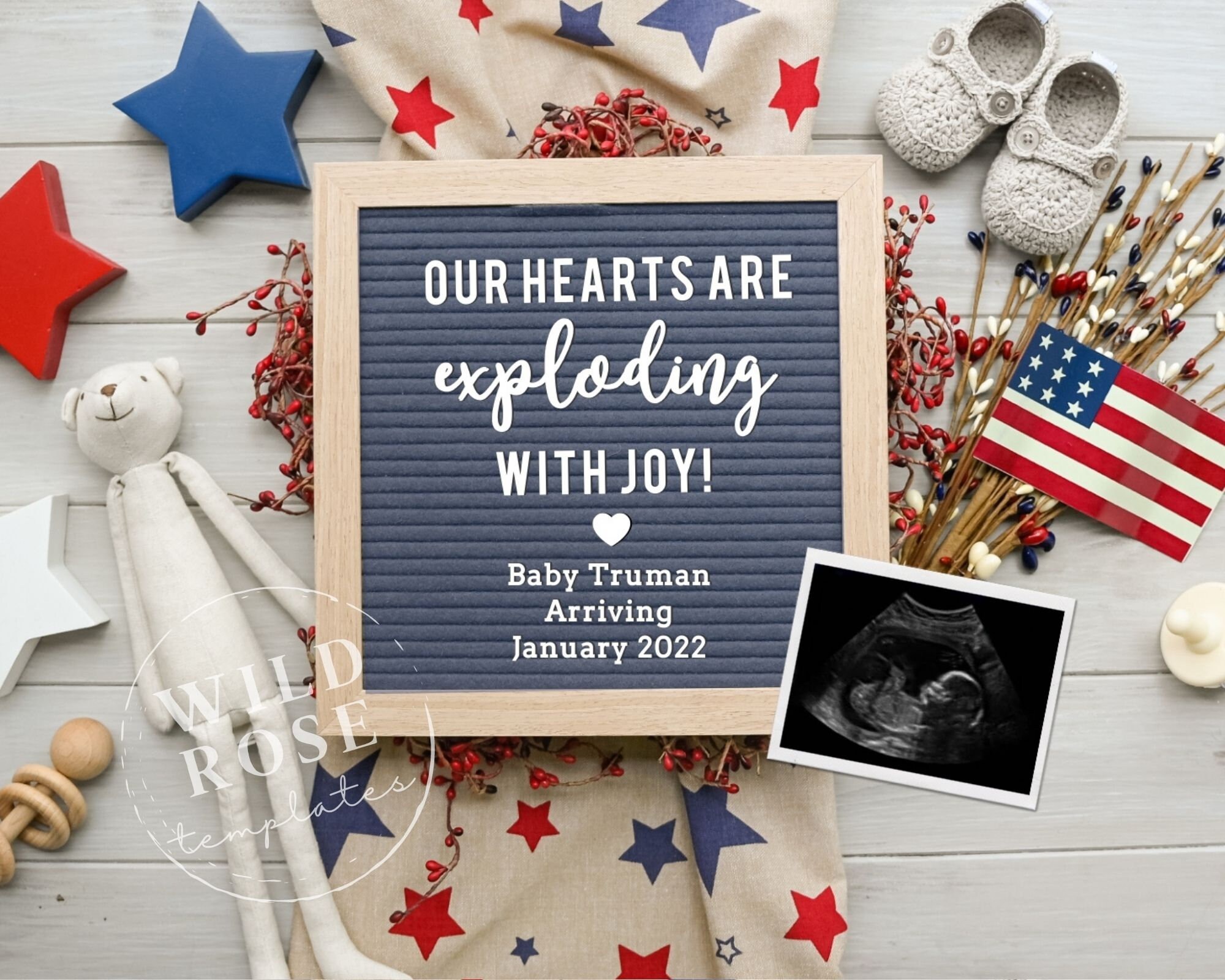 Editable Social Media Pregnancy Announcement, 4th of July Custom Baby…