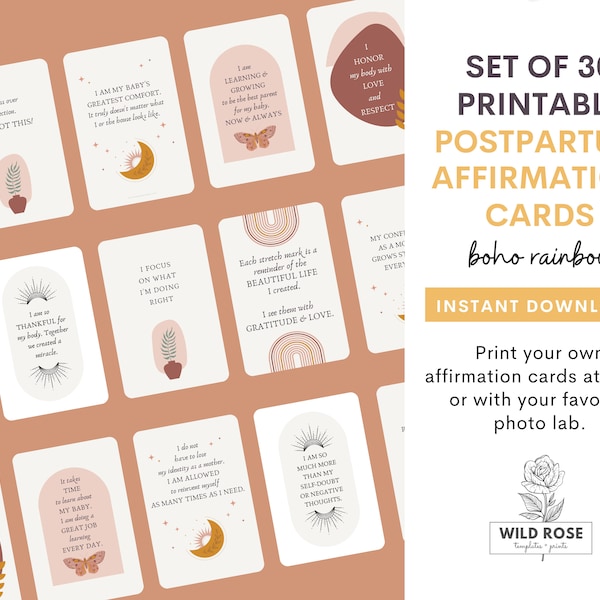 Set mit 30 druckbaren Affirmationskarten | Digitaler Download | Positive Postpartum Zitate | New Mom Affirmation Boho Style