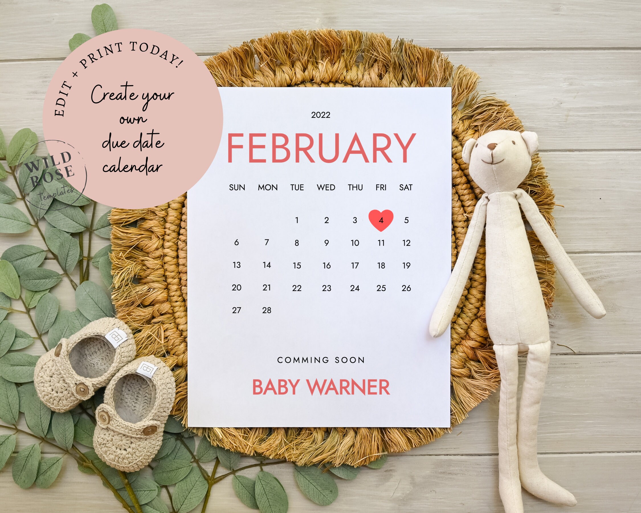 Editable Pregnancy Announcement Calendar February 2022 Etsy