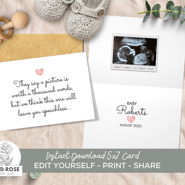 Pregnancy Announcement Card, Printable Card, Edit Yourself, Pregnancy Reveal, Baby Announcement