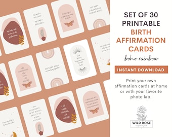 Set of 30 Birth Affirmation Printable Cards | Digital Download | Positive Birth Quotes | Boho Birth Affirmation Digital Download