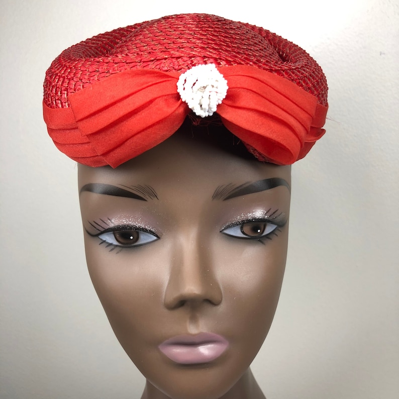 Vintage Red Pill Box Hat Raffia Nylon Beaded Church Hat Derby Etsy