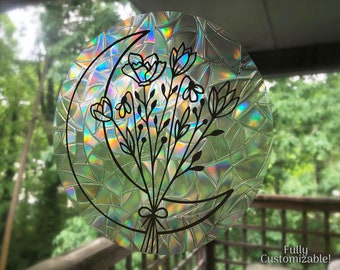 Floral Moon Rainbow Maker, Static Cling Suncatcher, Maanfase Sticker, Raamsticker, Wilde bloemen, Afstudeergeschenken, Hemelse Decor, Droom