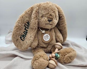 Personalised Brown Bailey Bunny Soft Toy, Embroidered Newborn baby Gift, Baby Shower Gift, OB Designs