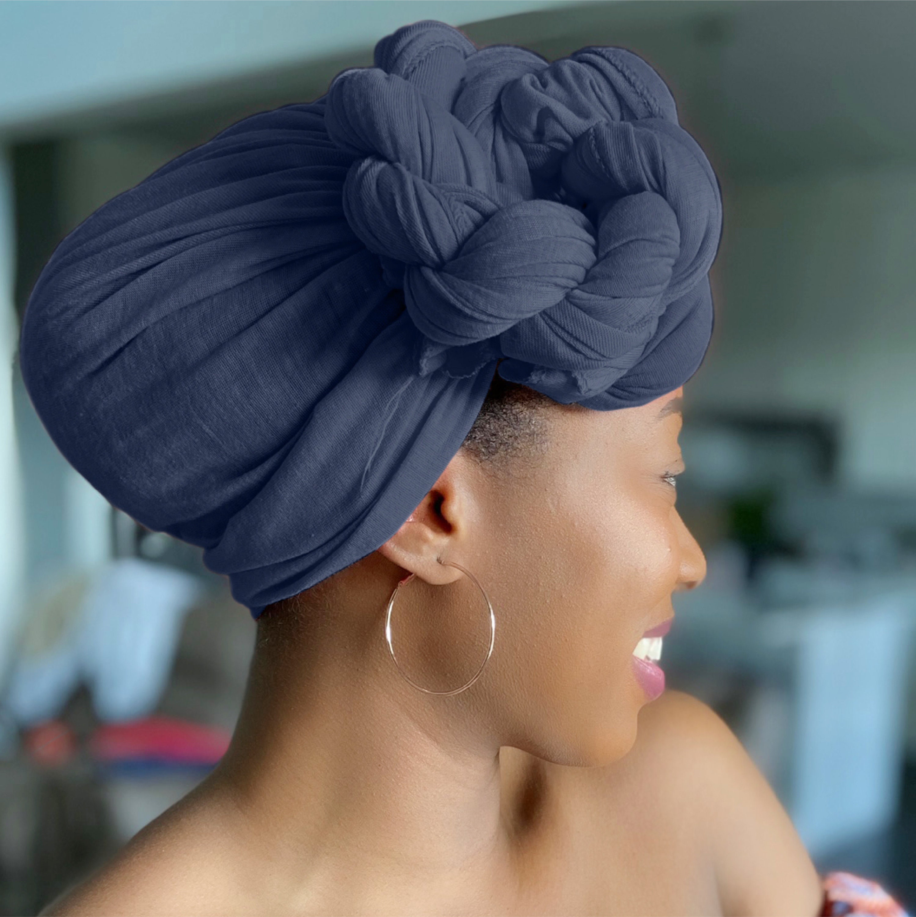 JDYaoYing 2 Pack Floral Turban Head Wraps For Women - Beanie Cap Hair Cover Scarf, Blue & Navy, One Size