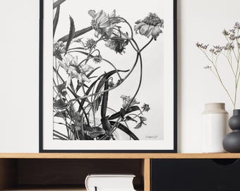 Original Pencil Drawing: Black and White Botanical Art, Realistic Flower Illustration, Nature Sketch