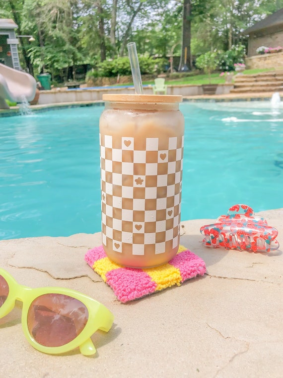 Checkered Glass Can Cup 16 Oz Retro Checkered Glass Can Mug Etsy