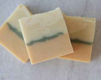 Down Home - Peach/orange/spruce -Homemade Soap, Handmade Soap, Natural Soap, Palm Free Soap, Cold Process Soap - 4oz