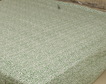 Green Floral Block Print Kantha Quilt, Handmade Cotton Bedspread, Boho Farmhouse Bedding, Artisan Jaipur Quilt
