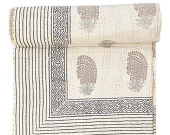 Indian Handmade Block Print Kantha Quilt, Brown Floral Block Print Blanket, Handmade Cotton Bedspread, Reversible Bedding Coverlet Throw
