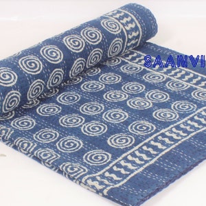 Handmade Indigo Kantha Quilt: Blue Spiral Block Print, Boho Bedding