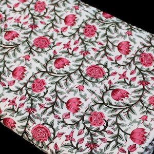 Pink Floral Kantha Quilt: Handmade Indian Cotton Bedspread - Queen Size