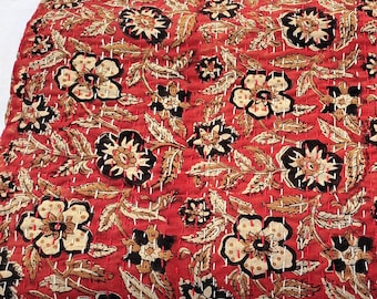 Rust Red Floral Indian Handmade Block Print Kantha Quilt - Handmade Cotton Bedspread, Indian Block Print Blanket, Reversible Boho Bedding