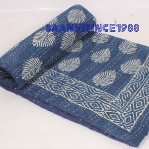 Indigo Leaf Block Print Kantha Quilt: Lightweight Cotton Boho Bedspread