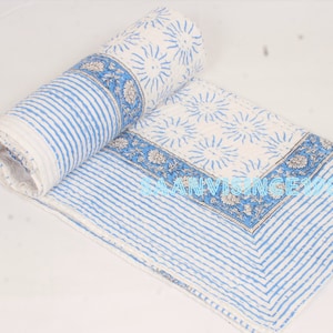 Handmade Indian Kantha Quilt: Blue & White Block Print Cotton Bedspread