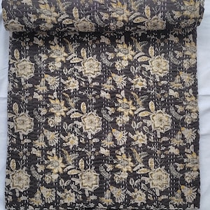 Black Indian Kantha Quilt | Handmade Floral Block Print Cotton Bedspread | Reversible Boho Blanket | Rustic Farmhouse Bedding Coverlet Throw