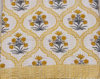 Yellow quilt for quilt hanger for kids room Yellow floral quilted bedspread Indian Floral Kantha country living yellow floral bedspread