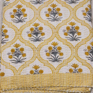 Yellow Floral Kantha Quilt: Indian Handmade Cotton Bedspread
