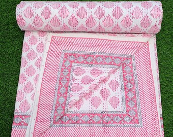 Pink Leaf Kantha Quilt, Handmade Cotton Block Print Bedspread, Boho Indian Blanket, Reversible Throw Quilt